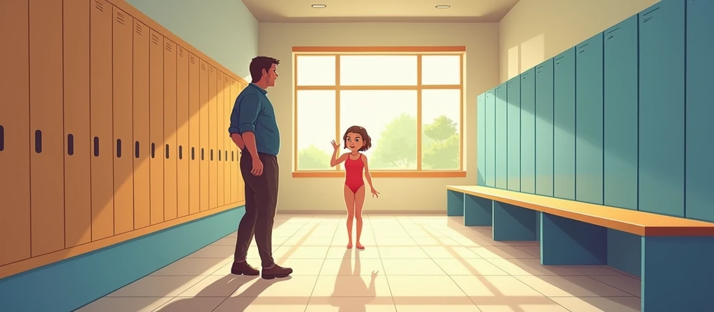 Create a wide-shot, semi-realistic vector illustration suitable for a  safety book. The scene shows a young girl named Lila, around 10-, in a swimming clubs changing room. She is wearing a modest swimming costume and standing near the lockers, turning her ...