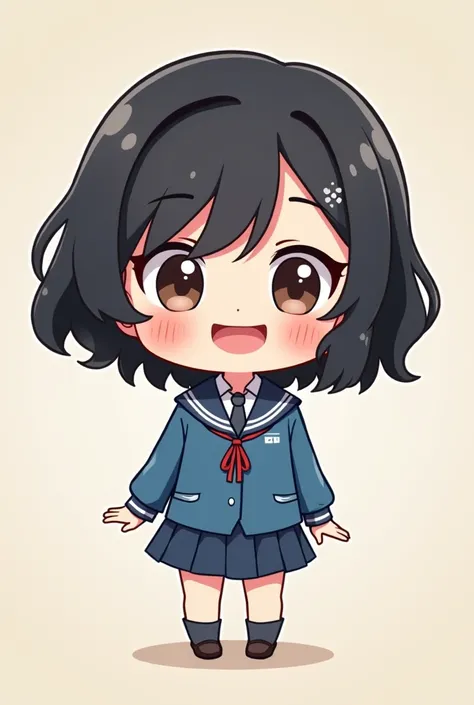  animated image /Chibi de Initial Teacher for ren, smiling,  with short wavy black hair ,  initial blue teacher uniform.