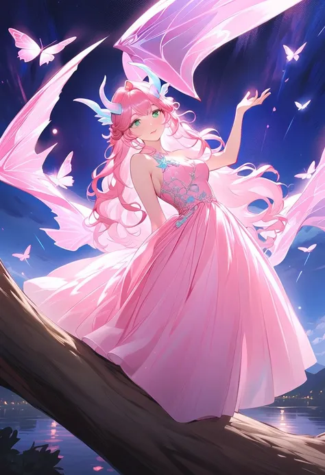 This character is a woman with a magical and graceful aura, her lips are pink, she has long bright, shiny pink hair, unique slightly transparent blue horns resembling a dragon. Her green eyes shine sharply, wearing a short dress decorated with butterfly-sh...