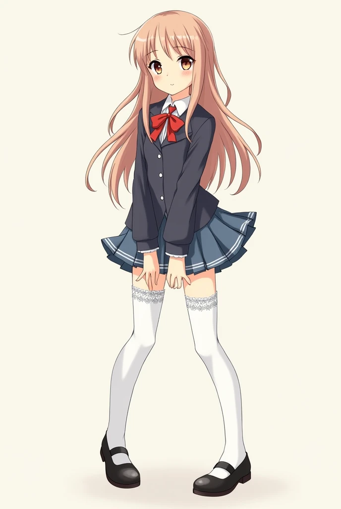 Anime girl wearing black Mary Jane type school shoes with her long white socks 