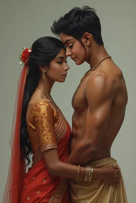 Indian big sister (girl from reference) with adult 18 year old brother, ultra realistic, brother is naked, sister is in Indian attire