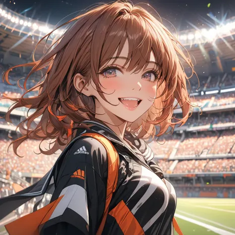 (masterpiece:1.4), ( top quality:1.4),  very detailed,  complicated,  Hyper Details , ( perfect face),  illustrations, soft lighting , Scenic,  1 girl,  happy ,   bright reddish brown hair,  colorful ,  colorized, from_Down ,_ costume ,  Stadium 