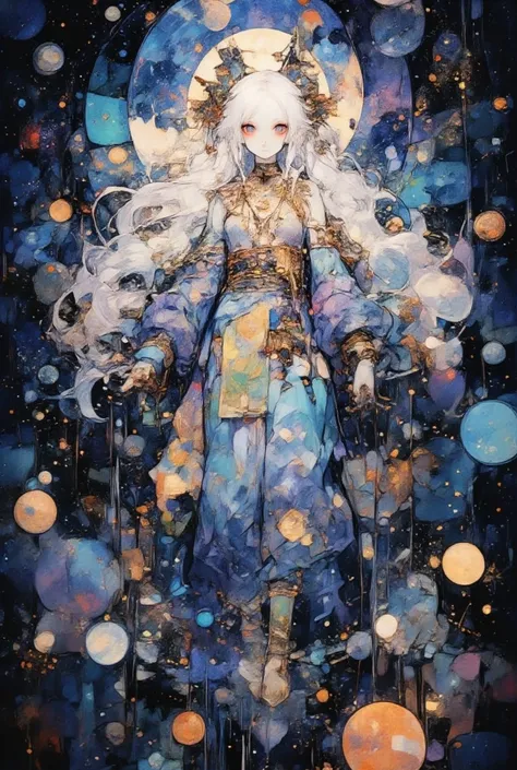 Unknow 1 Gender ,  long white hair ,  cosmic background , Greece god outfit, white eyes