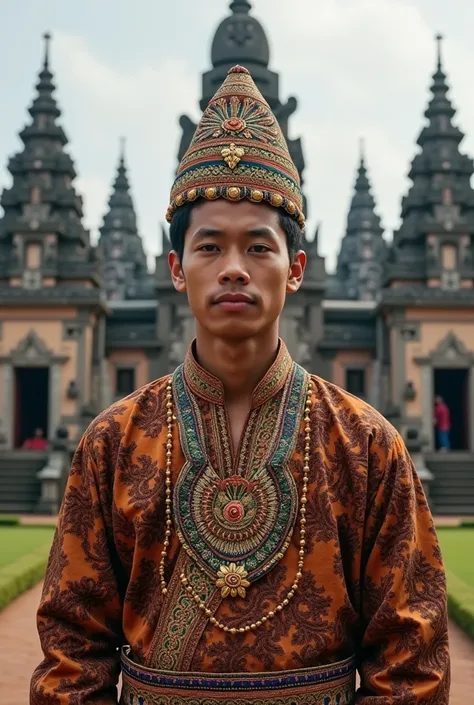 A young Indonesian man in an injung costume and a traditional Javanese belangkon is standing in front of the Jogja palace.Realistis