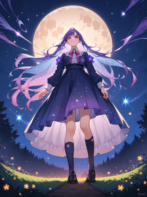 score_9, score_8_up, score_7_up,  source_Anime,
 surreal, 
 1 girl, kpop idol, Long hair below the knee, Floating Hair,Shiny Hair, 
  night view,Moon in the Sky, purple fuse,Starry Night, Dreamy Atmosphere ,Shining Edges, mysterious in another dimension, H...