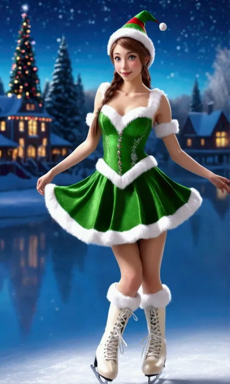 a cute woman, 25 years old, gorgeous woman, sexy Christmas elf outfit, ice skates, friendly, pointy ears, large sparkling eyes, ice skate dancing with other elves, frozen lake, Christmas Ice skate Dance, moonlit, sparkles, (best quality,4k,8k,highres,maste...