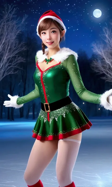 a cute woman, 25 years old, gorgeous woman, sexy Christmas elf outfit, ice skates, friendly, pointy ears, large sparkling eyes, ice skate dancing with other elves, frozen lake, Christmas Ice skate Dance, moonlit, sparkles, (best quality,4k,8k,highres,maste...