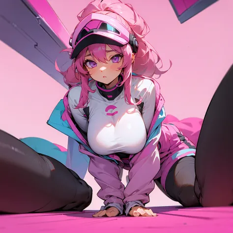 Female, Over POV, big breasts, tight shirt, jacket, Visor, Tied Hair, on knees, looking at cameera, simple pink floor, simple pink background, perfect anatomy