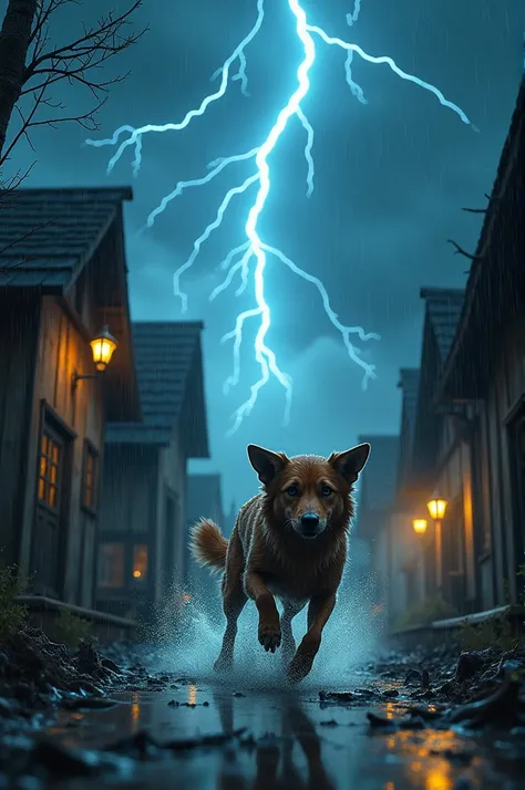 Racing Against the Storm

"A powerful storm brewing, with lightning streaking across the sky. Max sprints through the rain-soaked village streets, his fur drenched and muddy. The houses are dimly lit, with villagers hurriedly securing their belongings. Max...