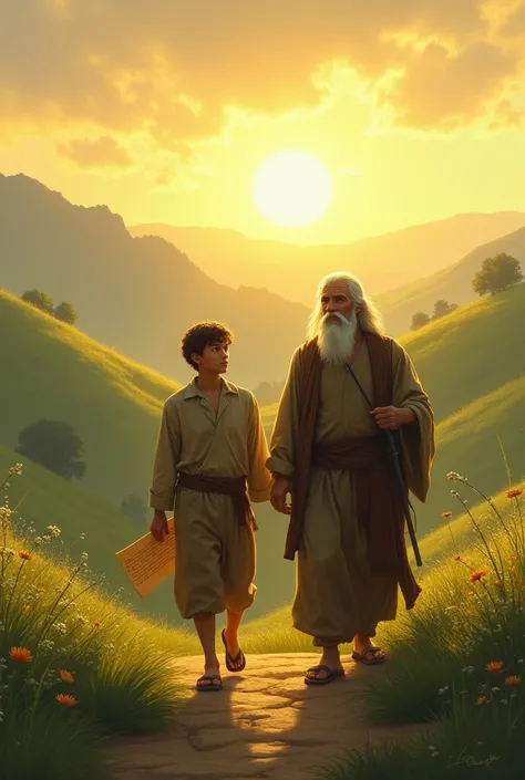 "A young man, samuel,  walking in a green valley under a golden light.  He is holding a worn letter ,  guided by a wise old man with a kind eyes . Le paysage est paisible, avec des collines douces, Symbolizing faith ,  obedience and blessings revealed ."

