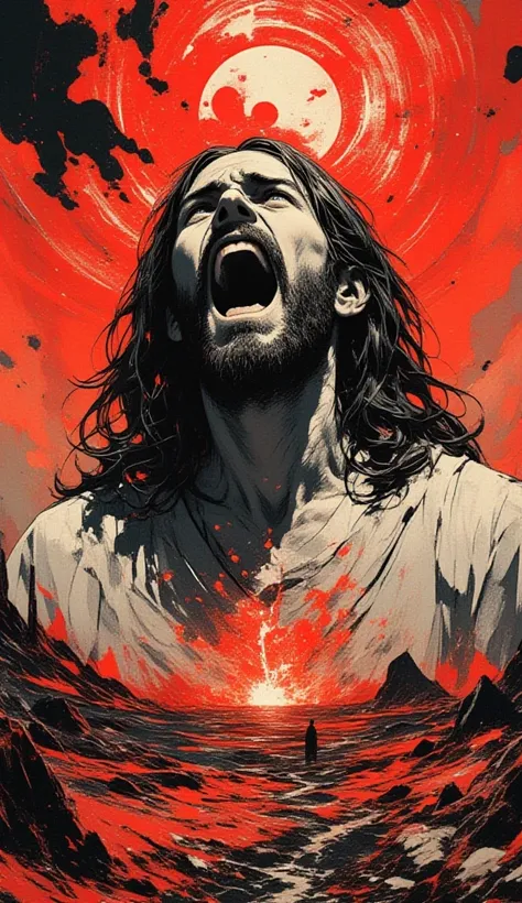 Jesus who yells in anger,Major eruption,Black,White,red,Surreal collage,a contemporary artistic collage,collage artwork, New Album Cover , Great Job !! ,digital collage、(collage ),collage art,contemporary collage,mixed media collage, Surreal +      is high...