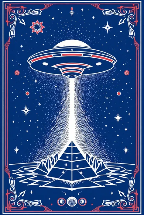 There is an illustration of a UFO and a pyramid with white lines on a blue background,  blotter art ,  indigo occult pattern ,  SILKSCREEN PRINT ,   SYMMETRIC DIE CUT STICKER  ,  very detailedなパネルカット, tile, Symmetrical sticker design ,  Silicone Patch Desi...