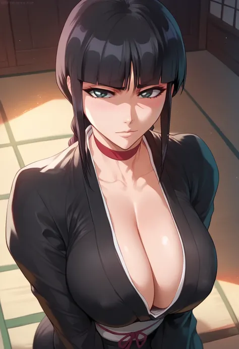 Hyper detailed face, 4k, best quality, Highly detailed, Nemu Kurotsuchi from bleach, black hair, choker, perfectly drawn face, perfectly detailed face, big breasts, cleavage, clothed, wearing tight kimono, black kimono, obi,