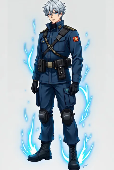  Military soldier laki laki umur 40 tahun dengan pelindung tubuh. Badan lumayan kekar.blue eyes.  Ash hair size sedsng tied .  Trousers with military-style shoes .  Show full body . Take multiple viewpoints .  Add blue electric power . Anime laki laki. Ram...