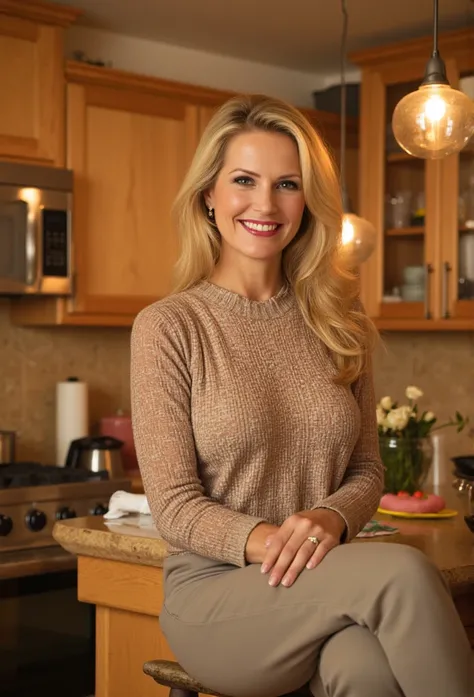 Cute looking blonde mom in her late 40s. in her kitchen. Suggestive