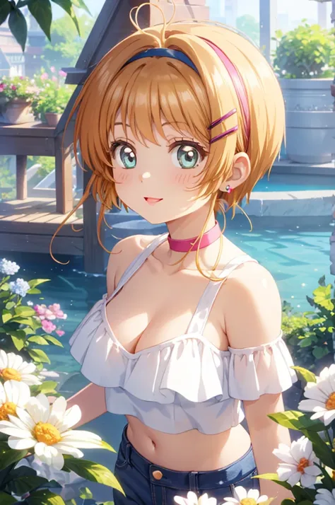 A beautiful girl posing in front of a field of flowers, anime girl, (20 years old girl:1.3), (aged up), looking at viewer, garden, white crop top, ruffle crop top, off the shoulder, cleavage, blue jeans, big rounds breasts, perfect body, shiny hair, haircl...