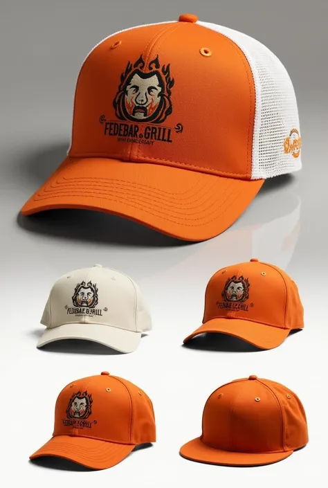 Generate different cap designs with the following colors , coppery orange and white with the name Fedebar &grill,  with the logo of Barlong Balis face and that is related to grilling and fire