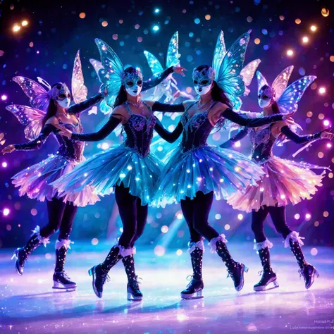 (effect of Musical staves and notes appear flowing on the screen, Lively and colorful music staves and notes flowing). skating rink, A dynamic pose, Dynamic movement, Ballroom of dancing on ice, Masquerade Ball, A masquerade on ice, Many gentlemen and ladi...