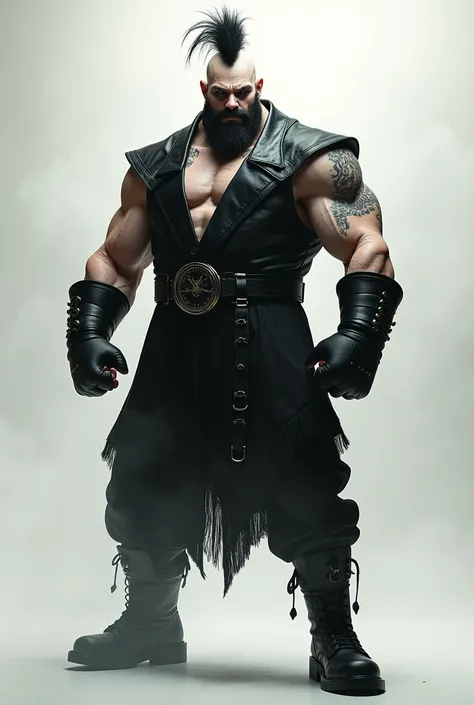 Full body portrait of Zangief from Street Fighter with his iconic mohawk hair character but in emo gothic version & outlook. skin become pale with dark eye shadow. all clothing color convert into more blackish gothic vibe. all accessories convert to gothic...