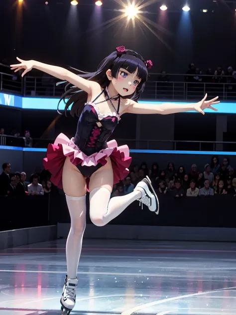  1 girl , Alone, (ruri gokou), hime cut,  long hair, mole, mole under eye, full body, Ice Dance,  skate shoes on a skating rink, On dark ice, 、 dancers in red and black costumes perform powerful jumps。 motion effects drift around, and 、 dramatic lighting c...