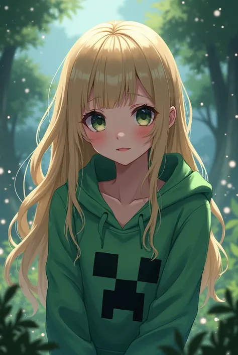 make a scenemo anime girl with blonde hair and black eyes and a minecraft creeper hoodie on