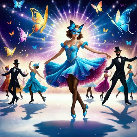 (effect of Musical staves and notes appear flowing on the screen, Lively and colorful music staves and notes flowing). skating rink, A dynamic pose, Dynamic movement, Ballroom of dancing on ice, Masquerade Ball, A masquerade on ice, Many gentlemen and ladi...