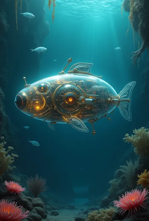    ( perfect anatomy )  High-tech future mechanical bio-bright brass (Mostly transparent design lets you see the inner workings)  The head of the big fish is a transparent window(Mechanical big fish ) Steampunk submarine underwater submarine in deep sea fu...