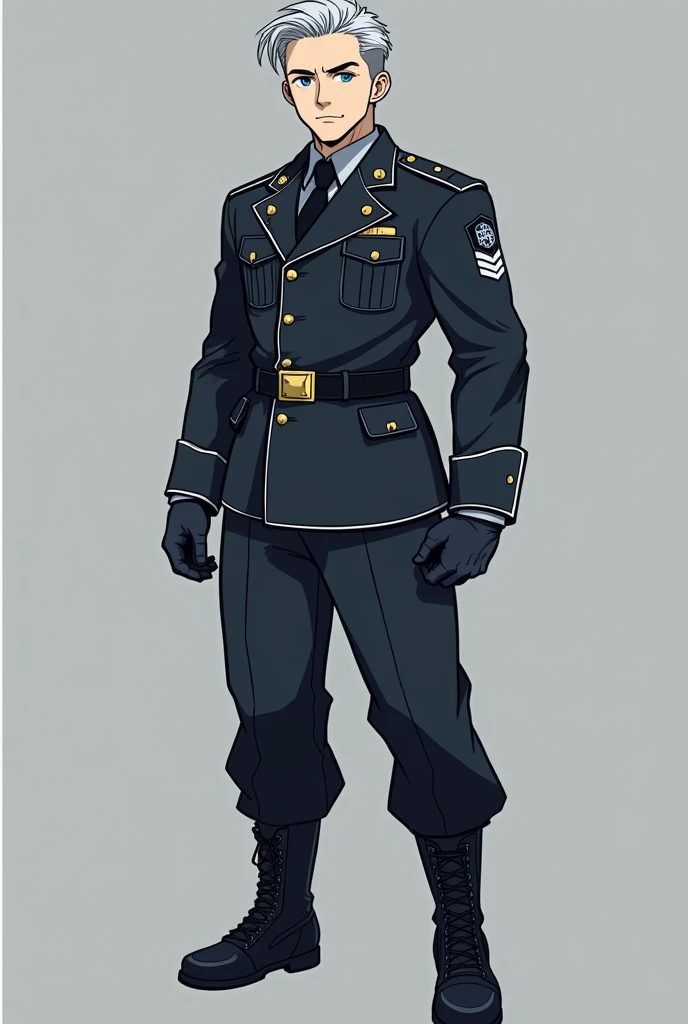  Military soldier laki laki umur 40 tahun dengan pelindung tubuh logam sederhana. Badan lumayan kekar.blue eyes.  Ash hair size sedsng tied .  Trousers with military-style shoes .  Show full body . Take multiple viewpoints .  Add blue electric power . Anim...