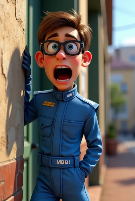 Pixar-style animation of a racing driver dressed in blue wearing sunglasses leaning against a wall with a surprised pose 