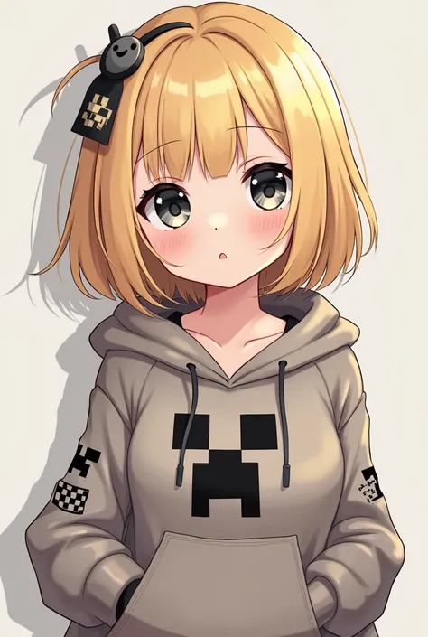 a cute emo anime girl with blonde side bangs and black eyeballs, she has a minecraft hoodie on