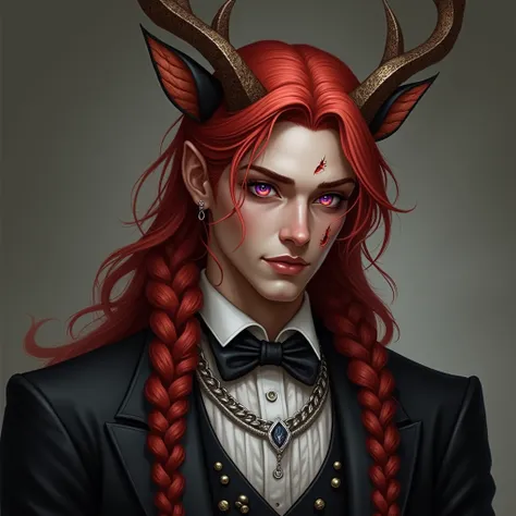 young man, muscular, high, light skin,  long red and gold braid hair, Ripped violet eyes , fangs, tsundere,  eye scar shirt,  Deer ears ,  decorated deer horns ,  Victorian black suit ,  silver necklace and rings , semi-realistic