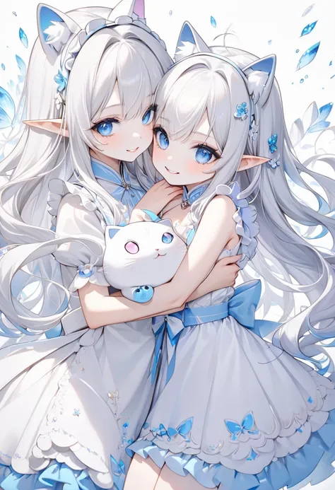 (beautiful and delicate), (Chibi Character illustration), break, (full body, focus face), (in a cute maid clothes, mini skirt, ((beautiful white skin)), (elf ear:1.2), (two elf girls are twins) age 67, (a beautiful straight hair, and a beautiful straight h...