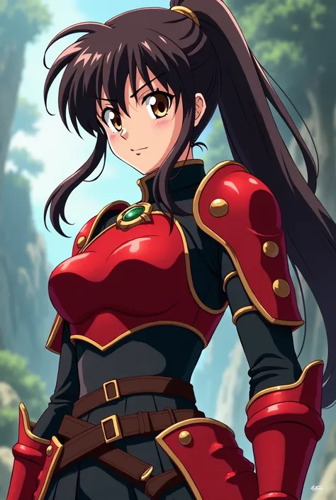 Sango anime inuyasha A girl with dark brown eyes and long brown hair tied in a ponytail, wearing a combat uniform and red armor. 
