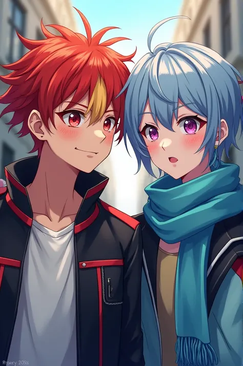 anime boy,  short red and yellow hair , crimson eyes.  white skin  con pequeñas pecas. 
Leather jacket with red ,  and a white shirt .
Junto a un anime boy adolescente, light blue hair and black highlights, purple and pink eyes .   white skin ,  using hear...