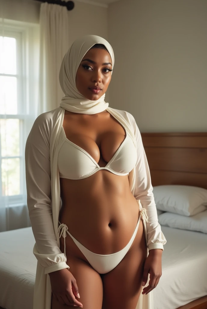 gaint vlouptious bulky Hijabi muslim women with big tummy standing in bedroom in white colour bikini 