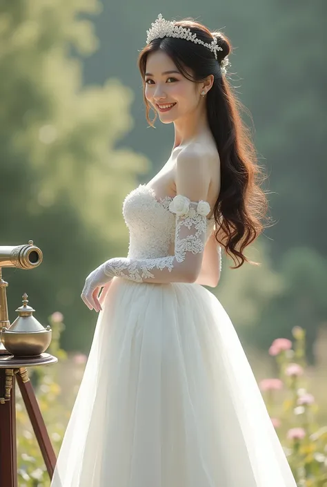 White wedding dress，Standing，8k quality，（ beautiful bride 1.7），White gloves，wedding headgear ，（Leg length） in accordance with biology ， conform to human anatomy， in Canon ，Reality， long hair， Delicate Asian Face， beautiful face ，Smile， Telescope ，All taken...