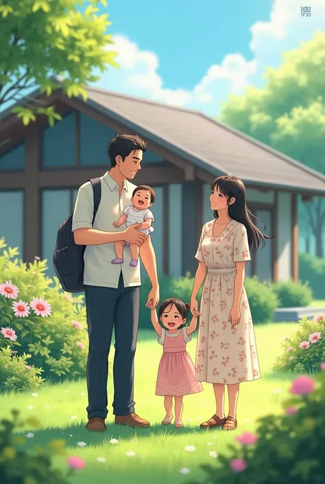 A family of four in a serene outdoor setting, standing on a lush green lawn with a modern Japanese-style house in the background. The father is holding a baby in his arms, smiling warmly, while the mother stands beside him in a light floral dress, holding ...