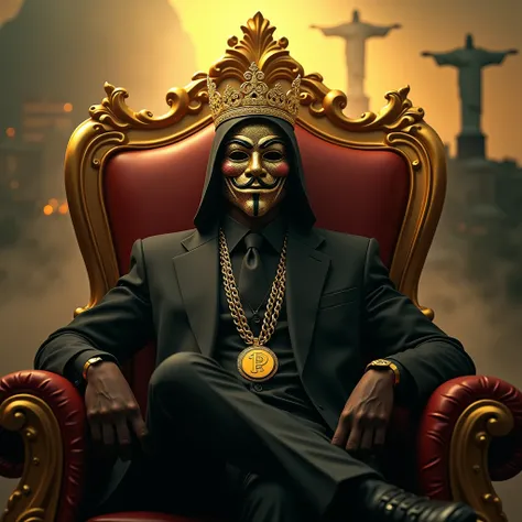 um hacker anoynomous mascarado,  sitting on a royal throne chair, smoking a marijuana cigarette, with a gold cord with the pendant P  ,  wearing a suit,  a golden crown on the head golden fog smoke  ,  City of Rio de Janeiro in the background with Christ t...