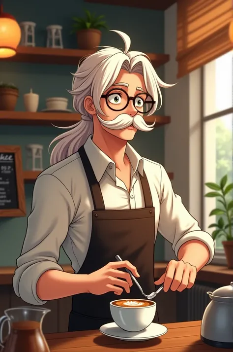 Anime white man barista longhair mustache with glasses 