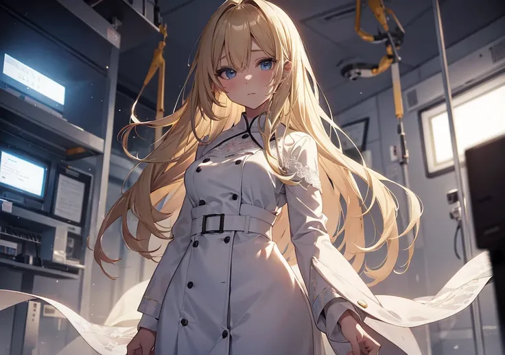 Blonde-haired young woman with a poised expression, standing in an operating room filled with light, wearing a refined white coat and lace blouse, surrounded by an aura of serenity and expertise, in a fluffy anime-inspired touch