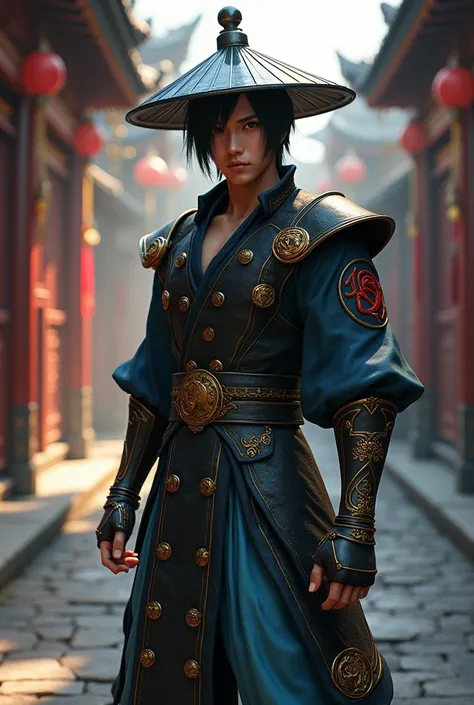 Create final fantasy style an Asian man with short straight black hair with brown eyes wearing a dark blue metallic Asian conical hat shimmering sharp Kung Lao style wearing a black Rubies Mortal Kombat with gold details with a red kanji with light blue As...