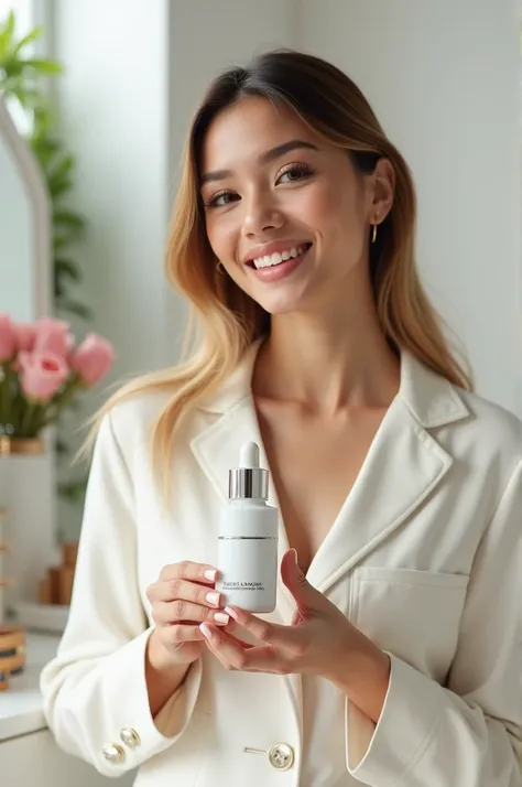 Girl being an social media influencer promoting skincare product