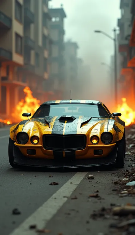 A hyper-realistic cinematic depiction of a heavily modified car with an aggressive, battle-ready design. The car is painted in a striking combination of yellow and black, with sharp edges, reinforced armor plating, and glowing headlights that pierce throug...