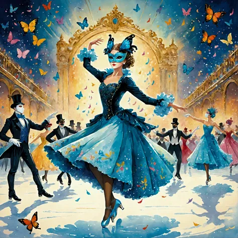 (effect of Musical staves and notes appear flowing on the screen, Lively and colorful music staves and notes flowing). skating rink, A dynamic pose, Dynamic movement, Ballroom of dancing on ice, Masquerade Ball, A masquerade on ice, Many gentlemen and ladi...