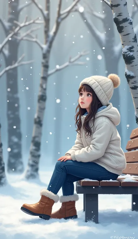 Birch　Snowfall　bench　 cute 20-year-old Japanese woman with big eyes　sit　 looking up in love 　White knit hat　white fleece hoodie 　Navy blue denim 　Brown shearling boots