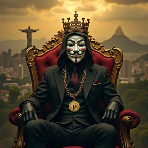 um hacker anoynomous mascarado,  sitting on a royal throne chair, smoking a marijuana cigarette, with a gold cord with the letter "p" as a pendant,  wearing a suit,  a golden crown on the head golden fog smoke  ,  City of Rio de Janeiro in the background w...