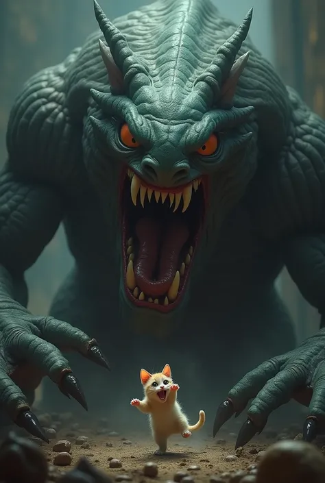 One tiny cat is in the hands of monster and near the mouth Monster try to eat the tiny cat High detail 