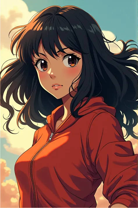  Make a Shounen anime girl with long wavy hair,brown skin and dark eyes 

Make her in the 2D anime style 