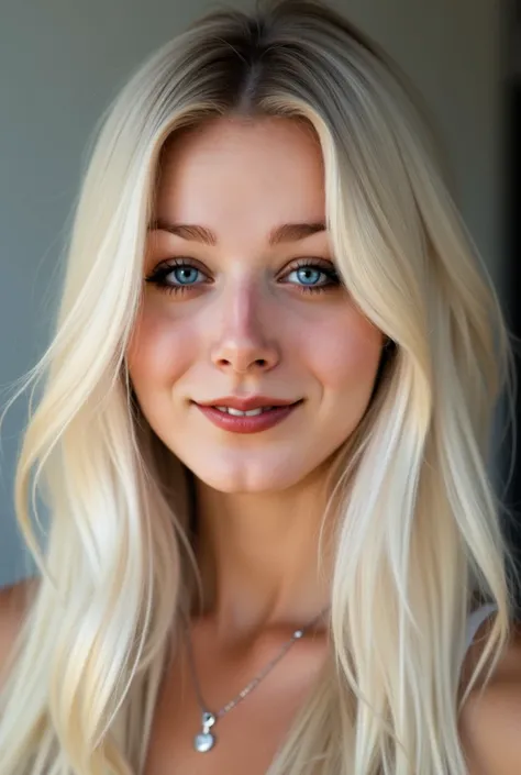 A young woman with long, silky platinum blonde hair and bright, expressive blue eyes. Her face has a radiant smile, with full, natural lips painted in a bold red color. She has a soft, symmetrical facial structure with smooth, clear skin and a friendly, ap...