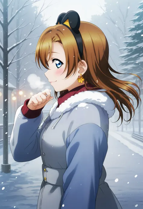 (Masterpiece, Best Quality, High Quality), anime style, love live,kousaka honoka , kousaka honoka,id_honoka_kosaka,love live, blue eyes, brown hair, 8k wallpaper, looking at viewer, earrings, erotic figure, (blushing:1.2) , standing, front view, winter clo...